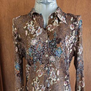 SOLD  Alberto Makali Designed Scrunch blouse XL Brown Floral 3/4 Sleeves